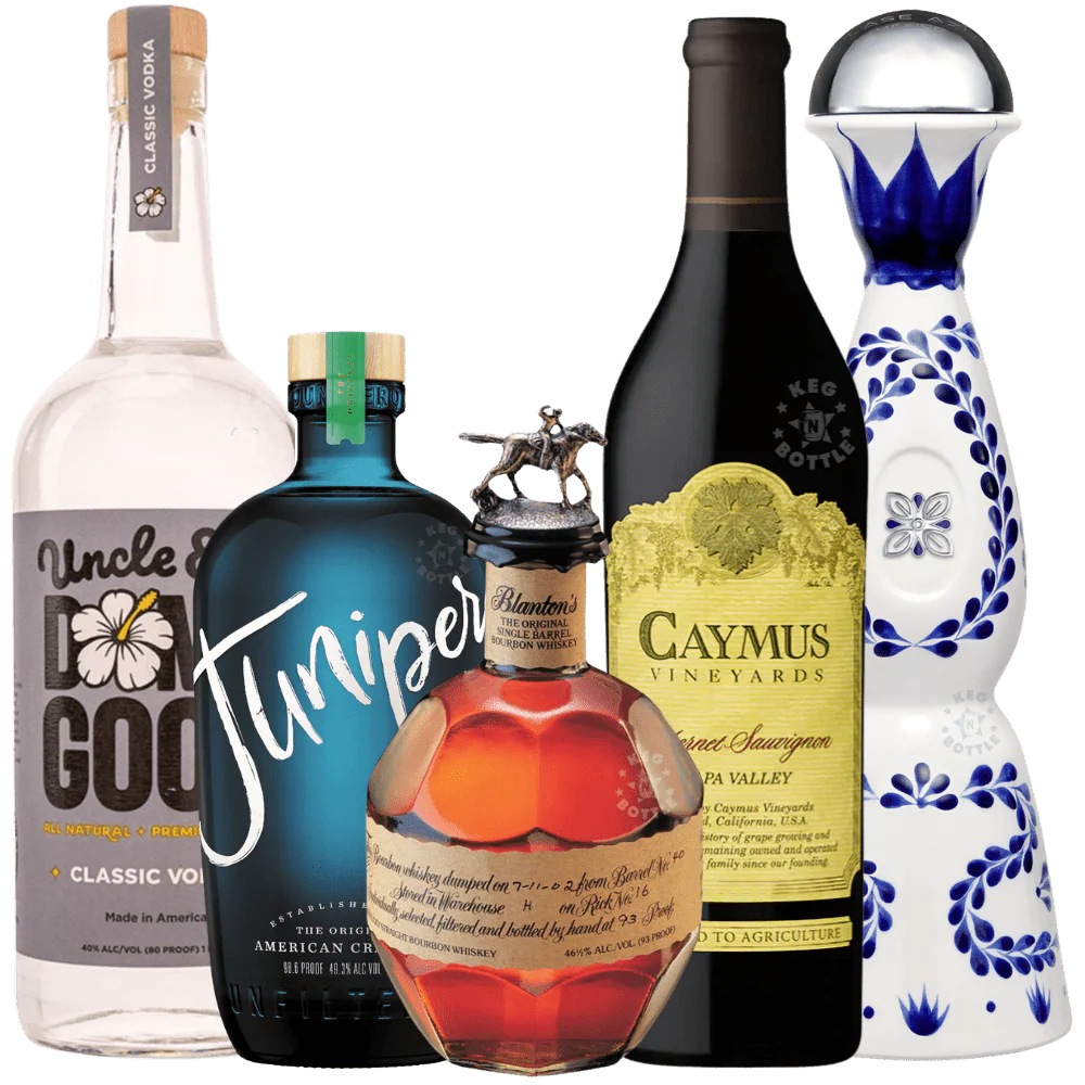 Junipero Gin, Damn Good Vodka, Caymus Cabernet, Clase Azul, & Blanton’s Bundle