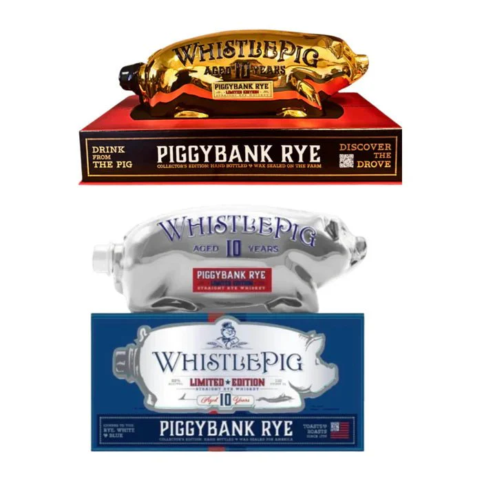 WhistlePig 10 Year Piggybank Rye, White, and Blue Limited Edition 1L & WhistlePig 10 Year Piggybank Straight Rye Whiskey 2025 Combo Pack